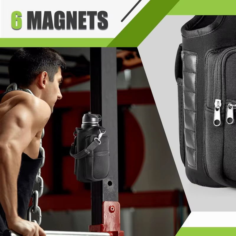 Magnetic Gym Water Bottle Holder with Phone Pocket and Adjustable Shoulder Strap – 6 Built-In Magnets, Universal Fit for 18–40oz Bottles, Unisex