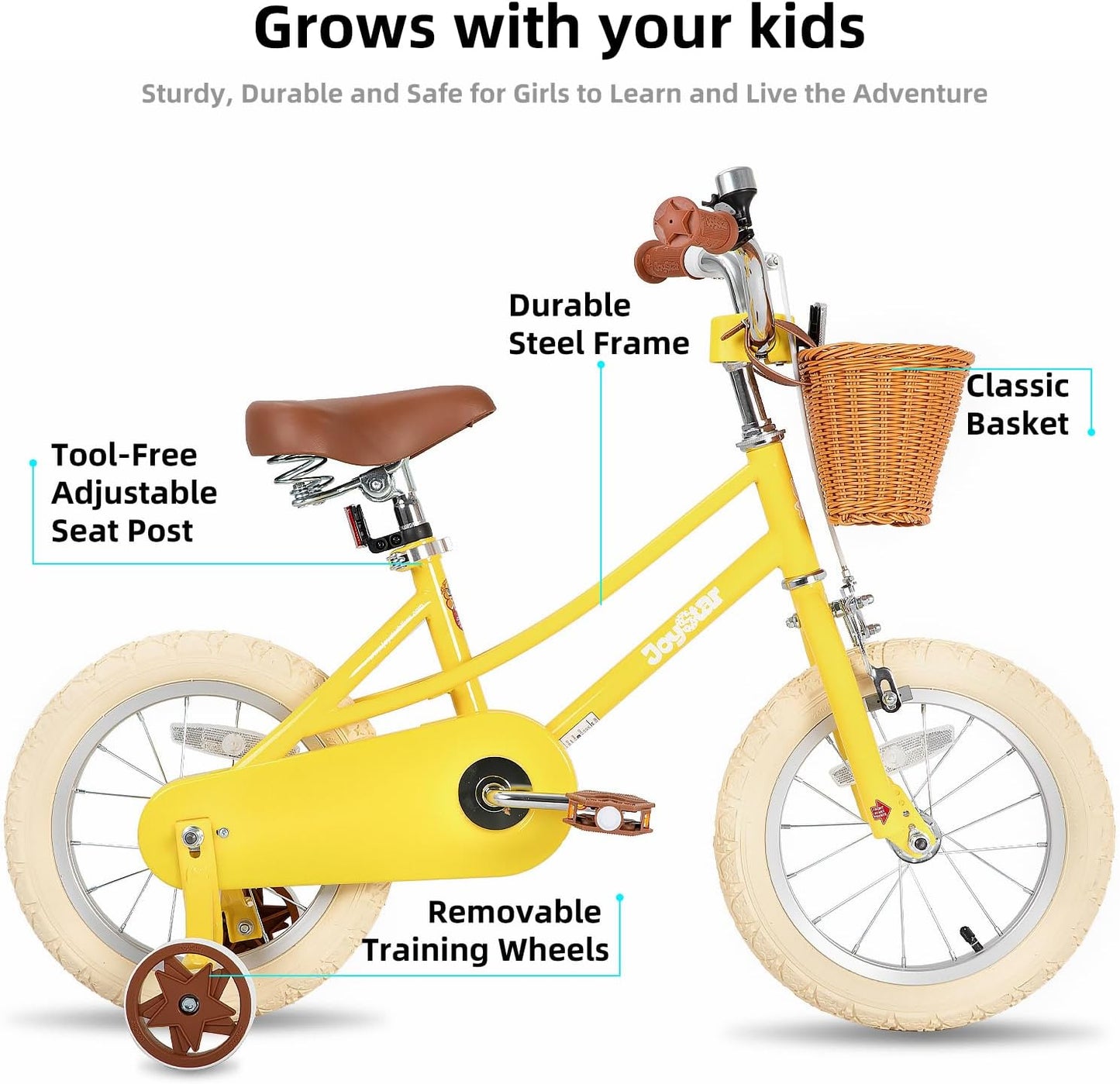 Retro Kids Bicycle with Training Wheels & Basket (12–20 Inch) for Ages 2–12 | Adjustable Steel Frame, Dual Brakes, Beginner-Friendly Ride – Yellow