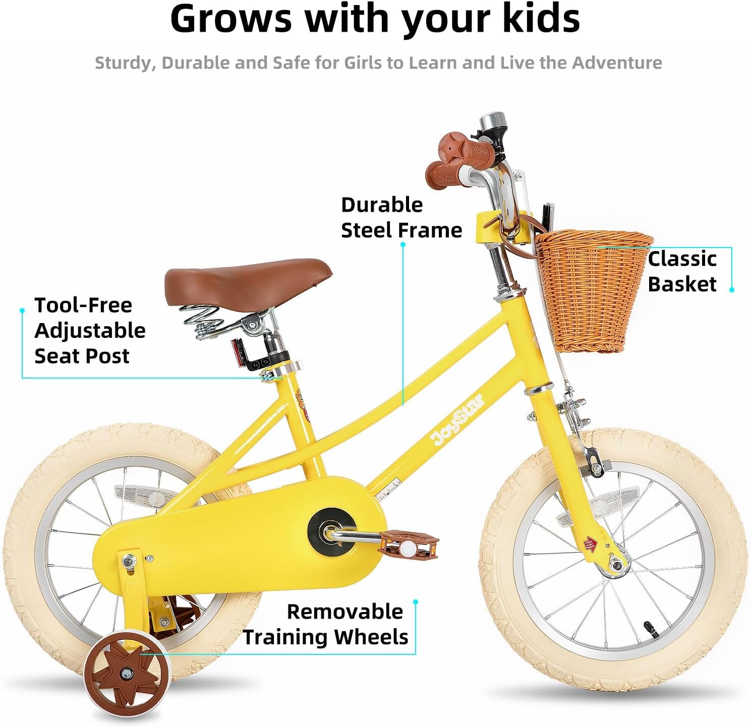 Retro Kids Bicycle with Training Wheels & Basket (12–20 Inch) for Ages 2–12 | Adjustable Steel Frame, Dual Brakes, Beginner-Friendly Ride – Yellow