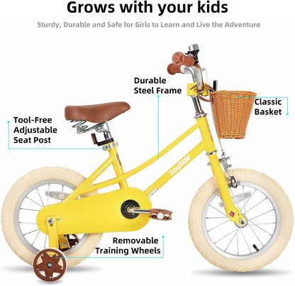 Retro Kids Bicycle with Training Wheels & Basket (12–20 Inch) for Ages 2–12 | Adjustable Steel Frame, Dual Brakes, Beginner-Friendly Ride – Yellow