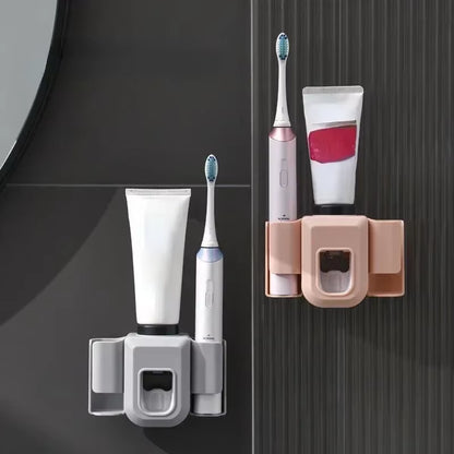 Double Hole Toothbrush Holder & Toothpaste Organizer – Punch-Free Wall Mount Bathroom Stand