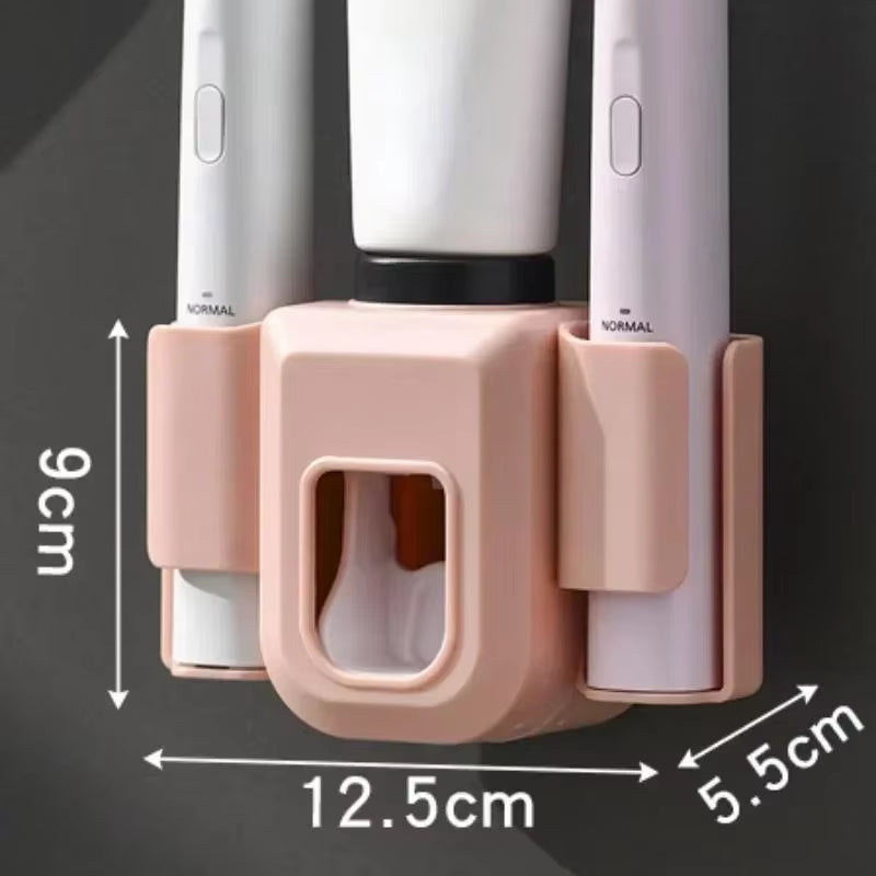 Double Hole Toothbrush Holder & Toothpaste Organizer – Punch-Free Wall Mount Bathroom Stand