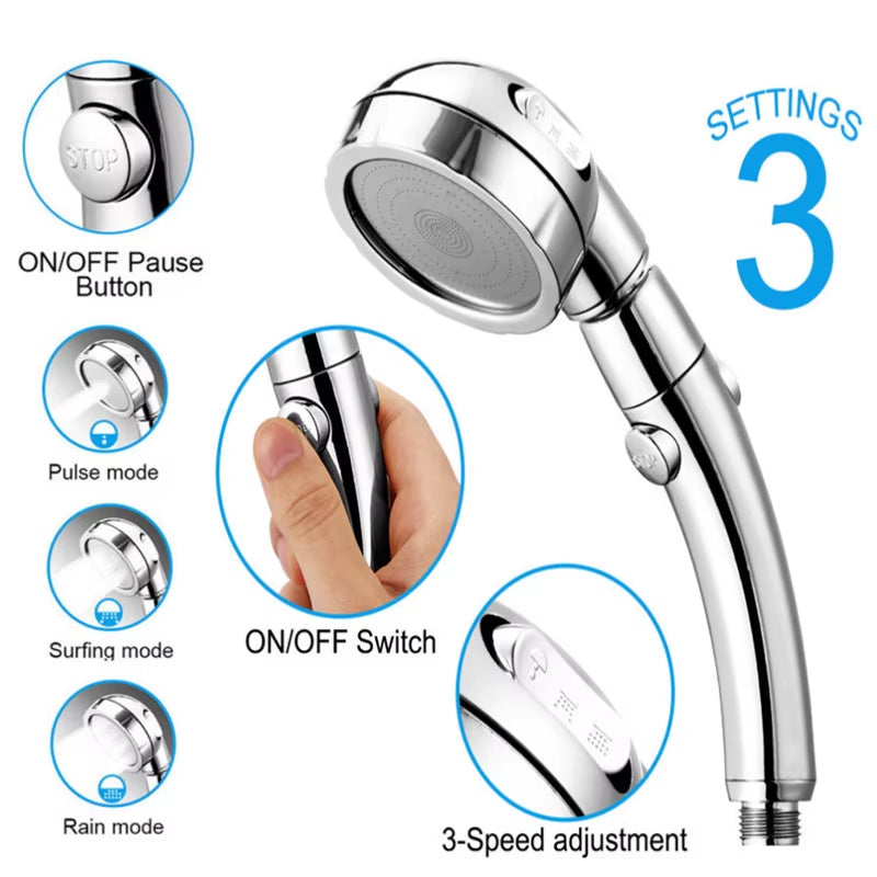 3-Mode High-Pressure Handheld Shower Head – Water-Saving Chrome Finish with One-Key Stop Button & Hose