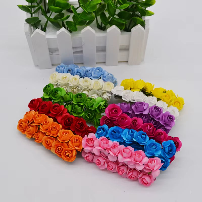 72Pcs/Lot 2CM Multicolor Paper Artificial Flowers Mini Rose Flower Head Wedding Bouquet Scrapbooking Party Home Decoration