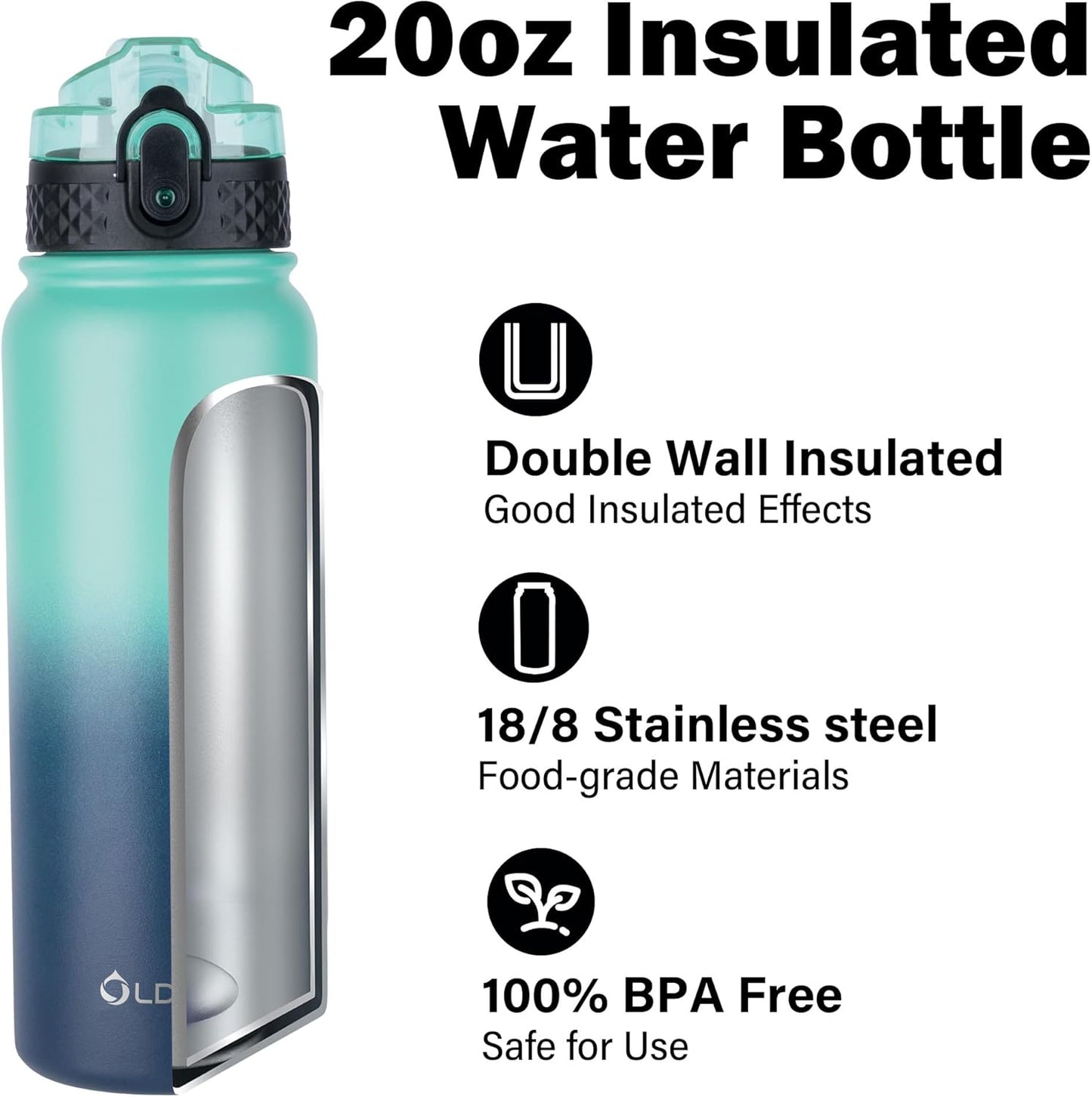 20Oz Insulated Stainless Steel Water Bottle with 3 Lids - Perfect for Kids & Adults, BPA Free, Leak-Proof, Ideal for School & Travel