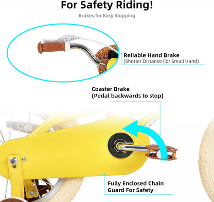 Retro Kids Bicycle with Training Wheels & Basket (12–20 Inch) for Ages 2–12 | Adjustable Steel Frame, Dual Brakes, Beginner-Friendly Ride – Yellow