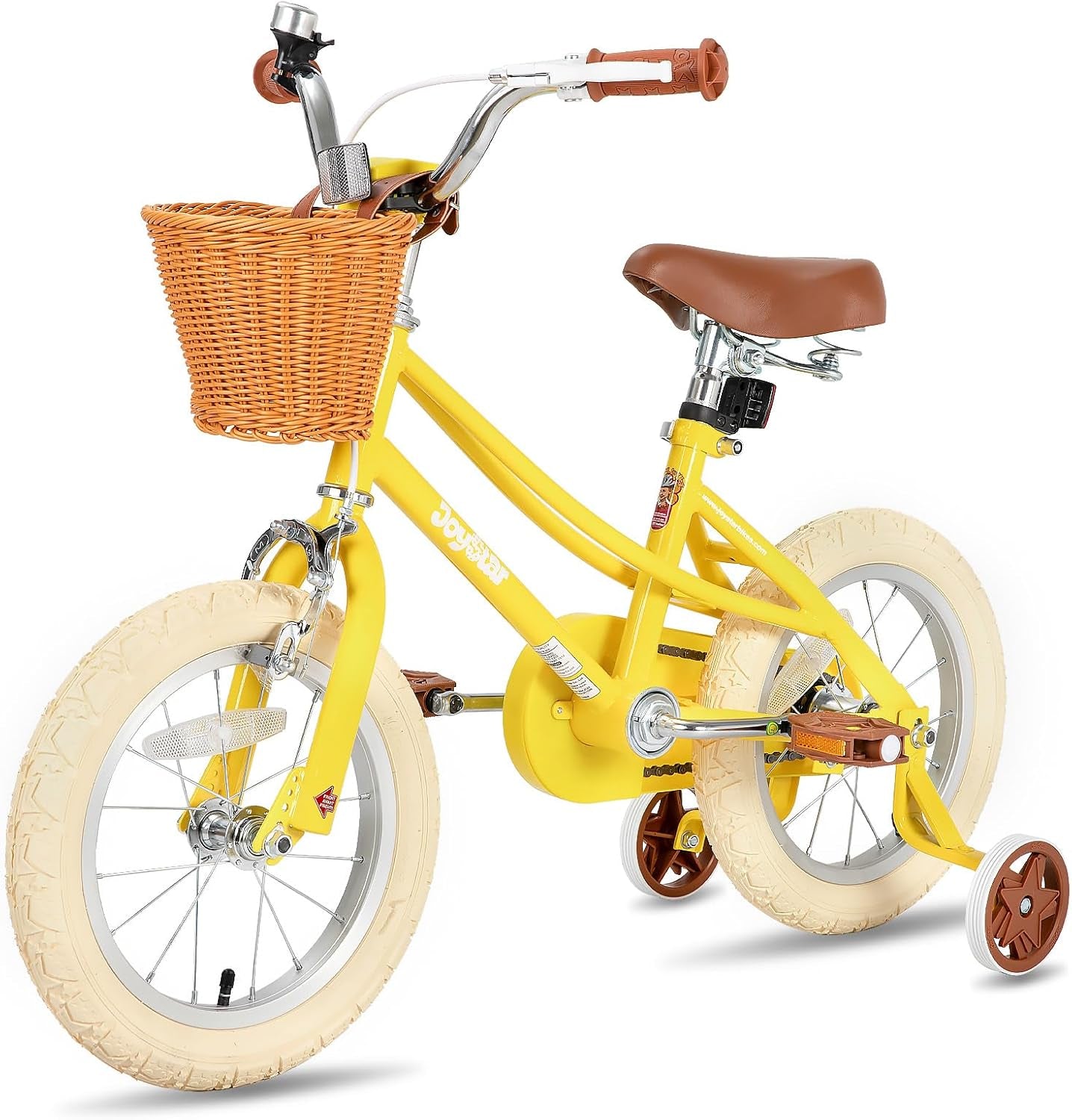 Retro Kids Bicycle with Training Wheels & Basket (12–20 Inch) for Ages 2–12 | Adjustable Steel Frame, Dual Brakes, Beginner-Friendly Ride – Yellow