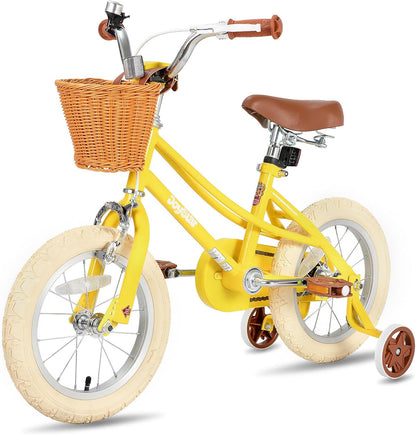Retro Kids Bicycle with Training Wheels & Basket (12–20 Inch) for Ages 2–12 | Adjustable Steel Frame, Dual Brakes, Beginner-Friendly Ride – Yellow