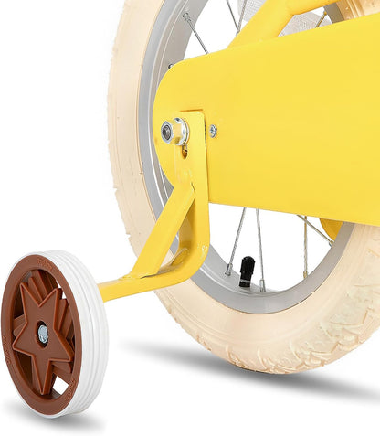 Retro Kids Bicycle with Training Wheels & Basket (12–20 Inch) for Ages 2–12 | Adjustable Steel Frame, Dual Brakes, Beginner-Friendly Ride – Yellow