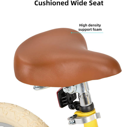 Retro Kids Bicycle with Training Wheels & Basket (12–20 Inch) for Ages 2–12 | Adjustable Steel Frame, Dual Brakes, Beginner-Friendly Ride – Yellow