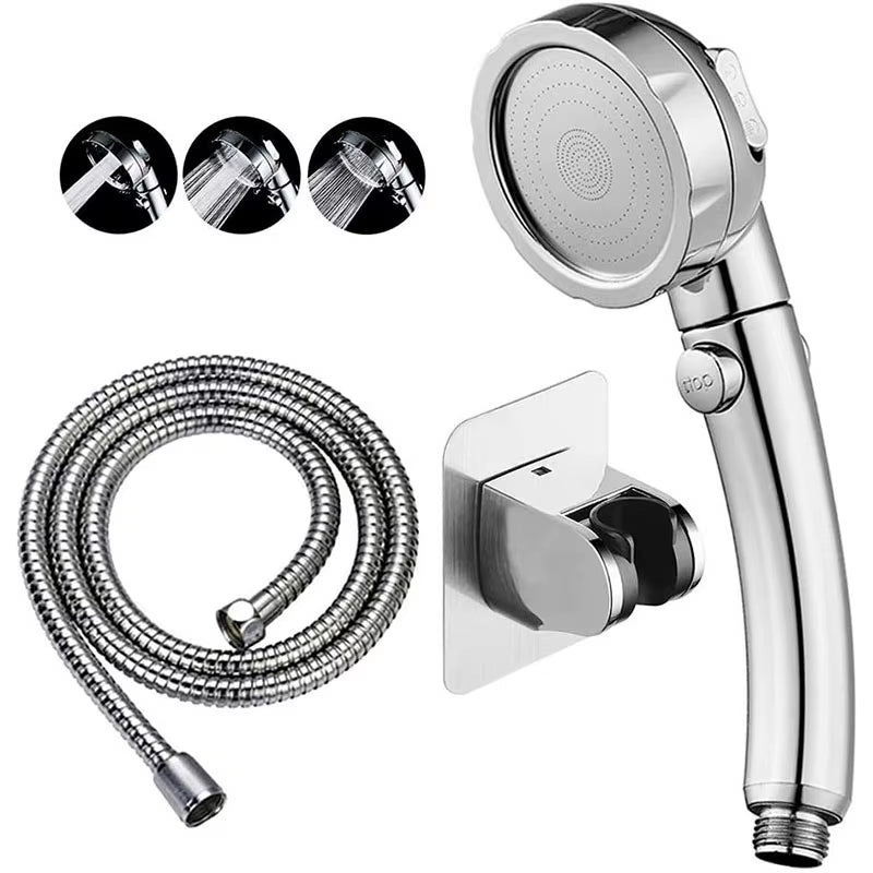 3-Mode High-Pressure Handheld Shower Head – Water-Saving Chrome Finish with One-Key Stop Button & Hose