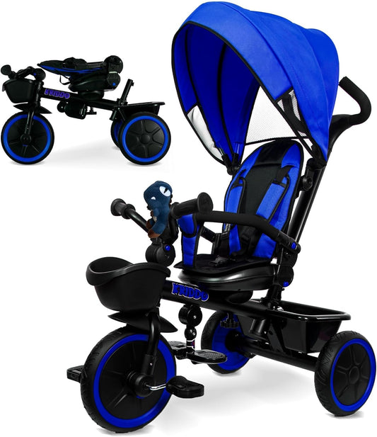 7-in-1 Grow-With-Me Toddler Tricycle Stroller for Ages 18 Months–5 Years with Rotatable Seat, Adjustable Push Handle, Folding Design, Canopy & Cup Holder – Blue