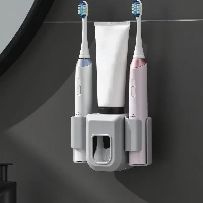 Double Hole Toothbrush Holder & Toothpaste Organizer – Punch-Free Wall Mount Bathroom Stand