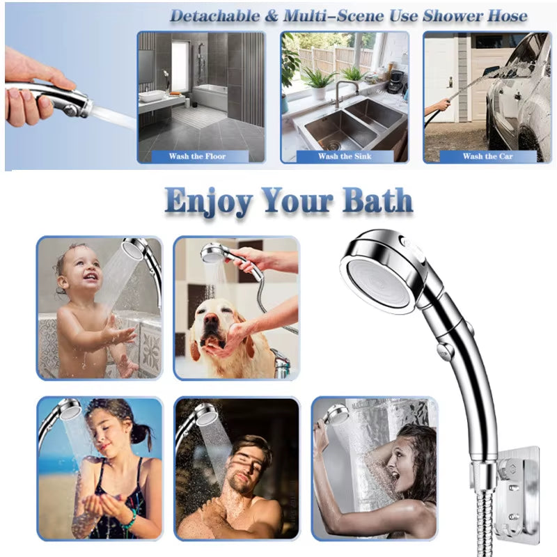 3-Mode High-Pressure Handheld Shower Head – Water-Saving Chrome Finish with One-Key Stop Button & Hose