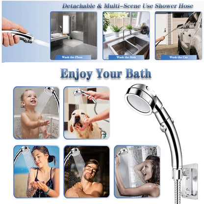 3-Mode High-Pressure Handheld Shower Head – Water-Saving Chrome Finish with One-Key Stop Button & Hose