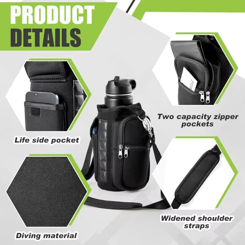 Magnetic Gym Water Bottle Holder with Phone Pocket and Adjustable Shoulder Strap – 6 Built-In Magnets, Universal Fit for 18–40oz Bottles, Unisex