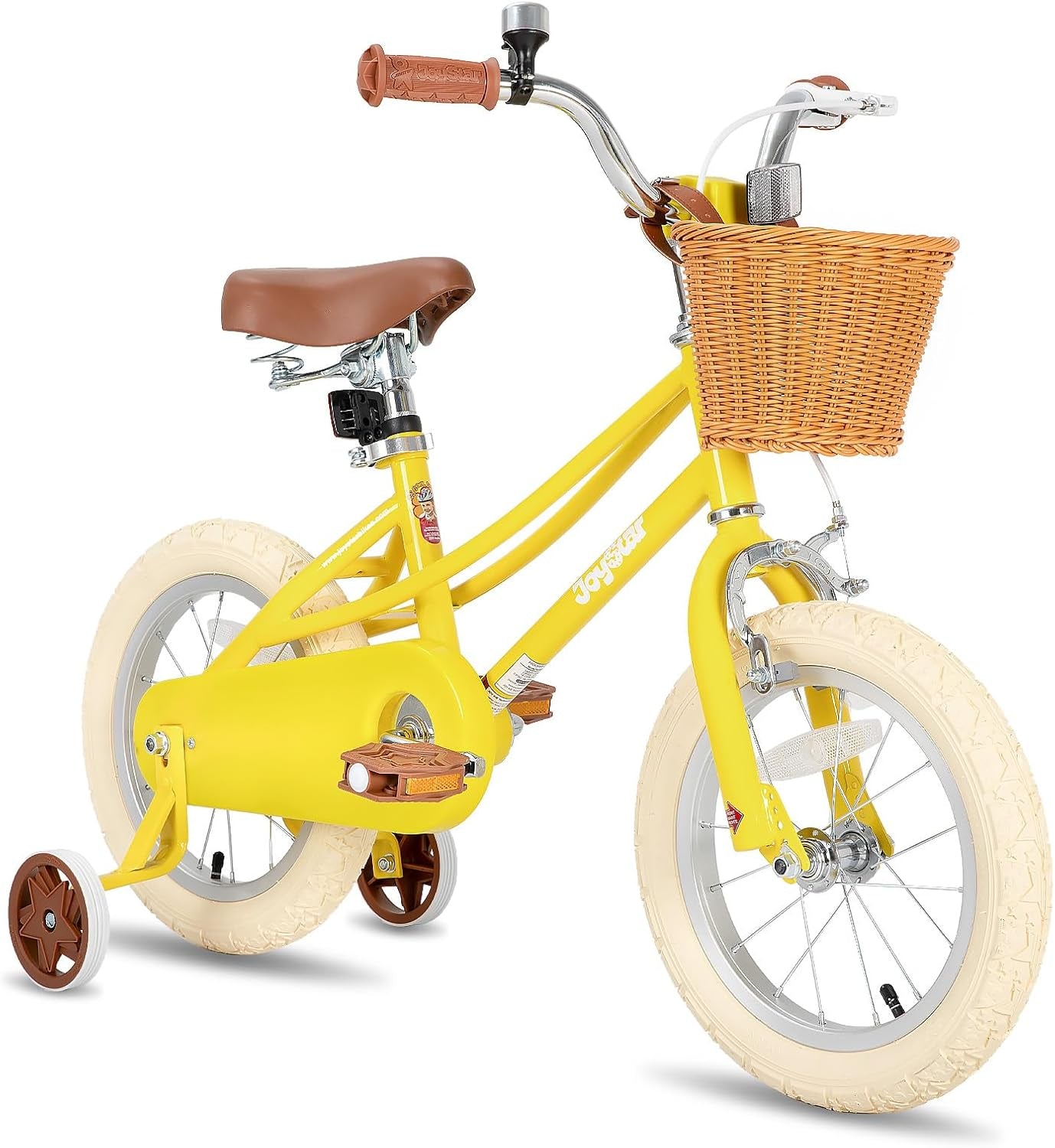 Retro Kids Bicycle with Training Wheels & Basket (12–20 Inch) for Ages 2–12 | Adjustable Steel Frame, Dual Brakes, Beginner-Friendly Ride – Yellow